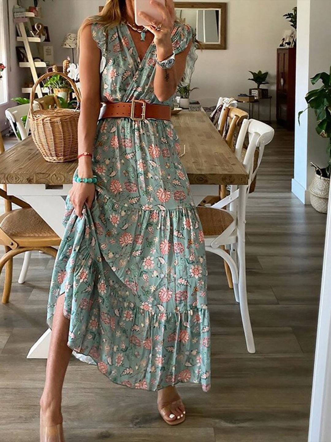 

StyleCast Green Floral Printed V-Neck Flutter Sleeve Belted Tiered Wrap Dress