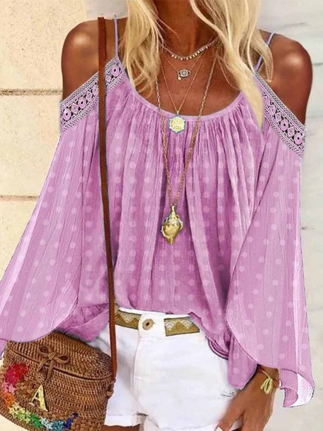 

StyleCast Purple Polka Dots Printed Shoulder Straps Cold-Shoulder Sleeves Top