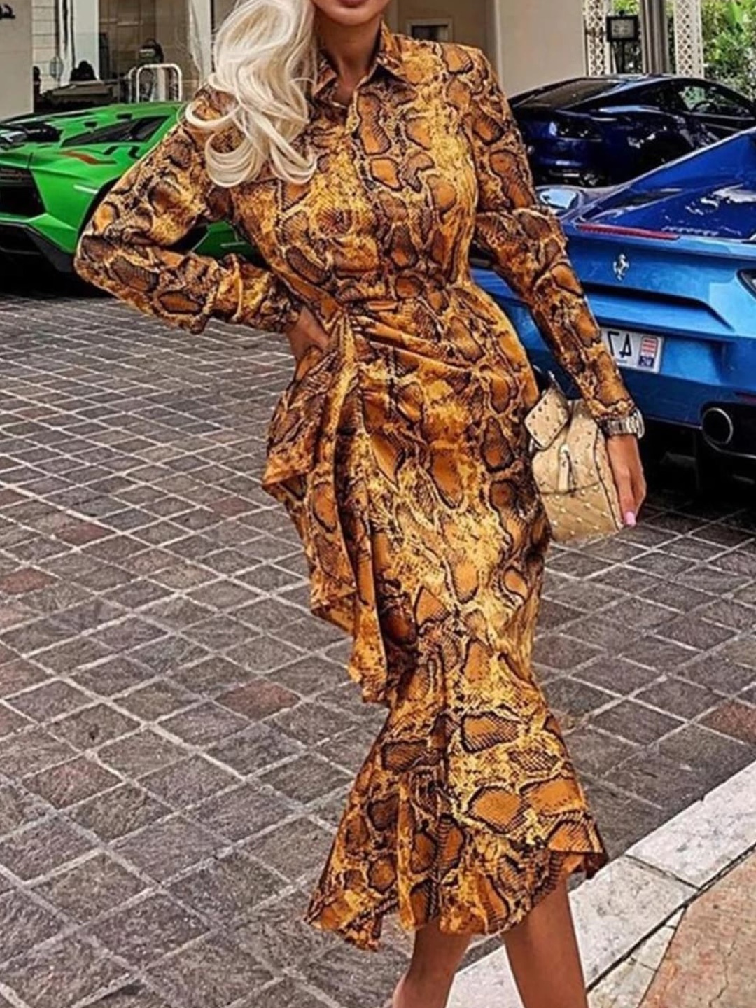 

StyleCast Yellow Animal Skin Printed Shirt Collar Shirt Dress