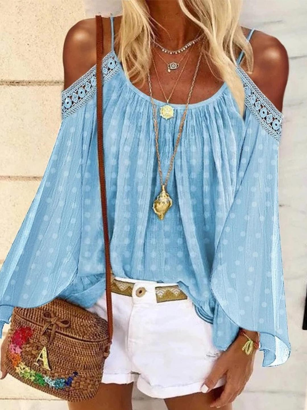 

StyleCast Blue Polka Dots Printed Shoulder Straps Cold-Shoulder Sleeves Top