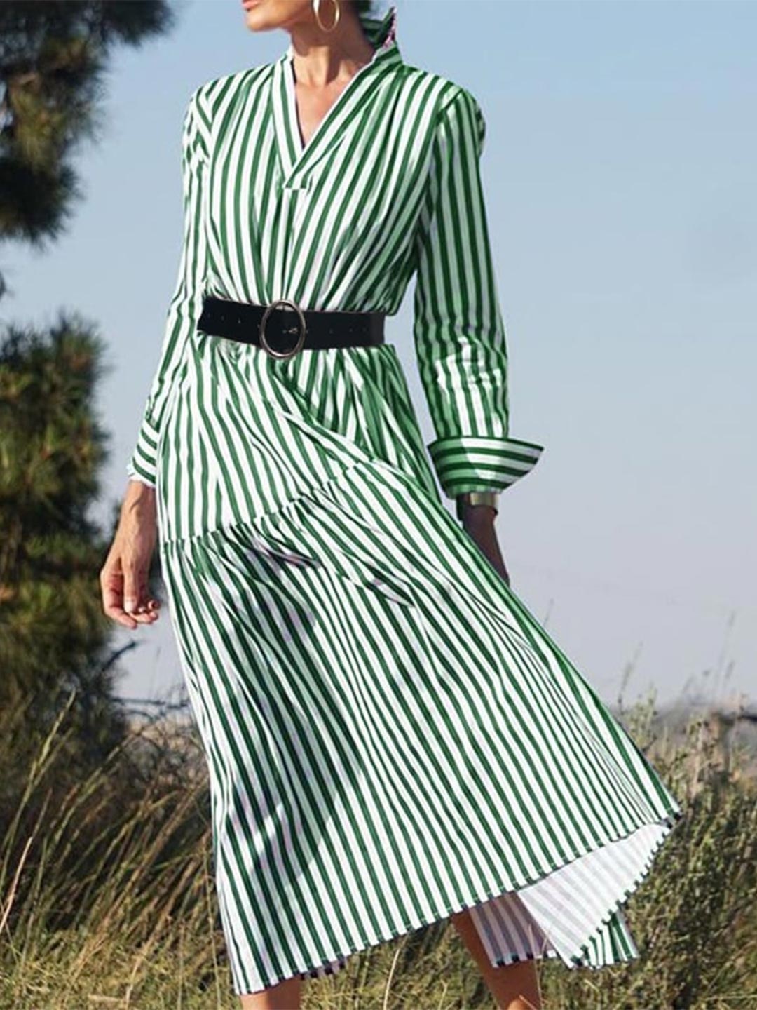 

StyleCast Green Striped A-Line Midi Dress