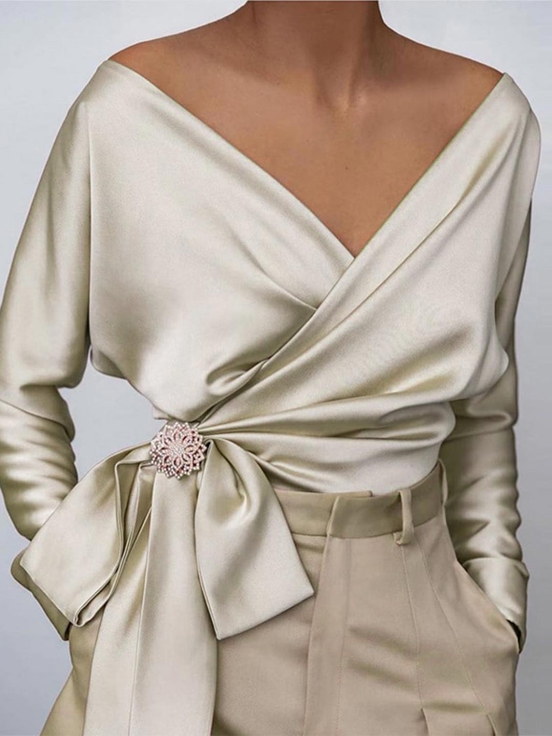 

StyleCast Beige Cuffed Sleeves Satin Wrap Top