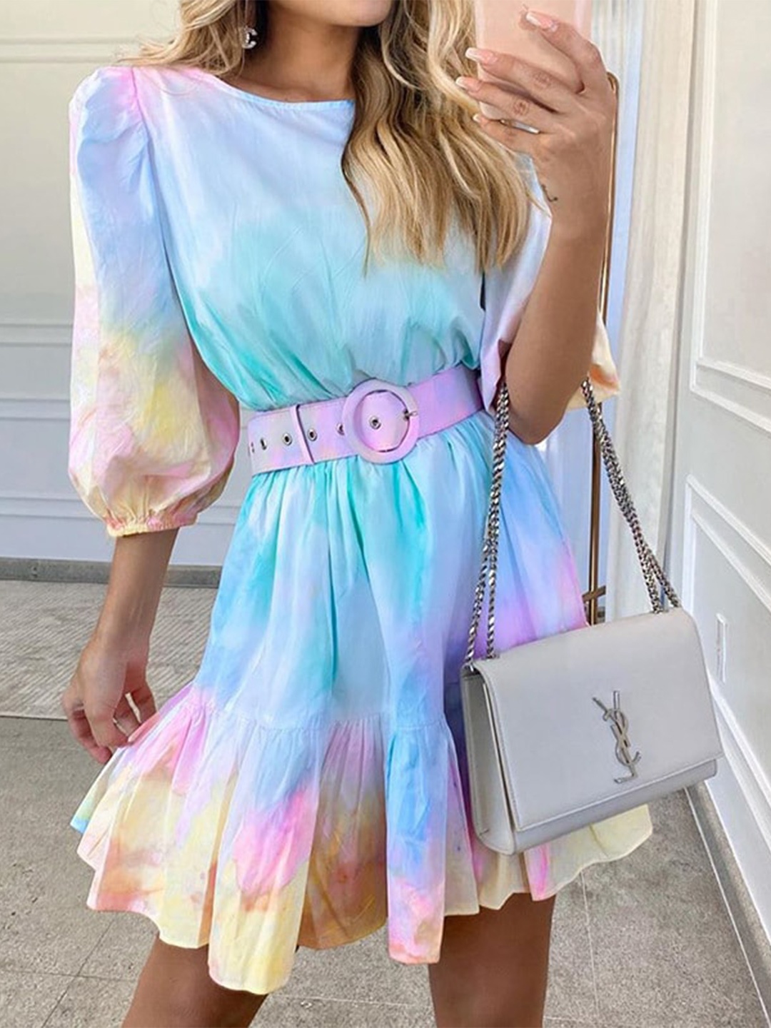 

StyleCast Blue Tie & Dye Dyed Puff Sleeve Belted Fit & Flare Dress, Multi