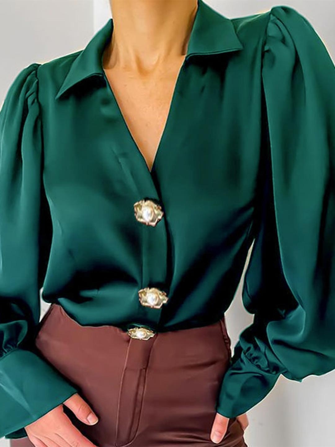 

StyleCast Green Cuffed Sleeves Satin Shirt Style Top