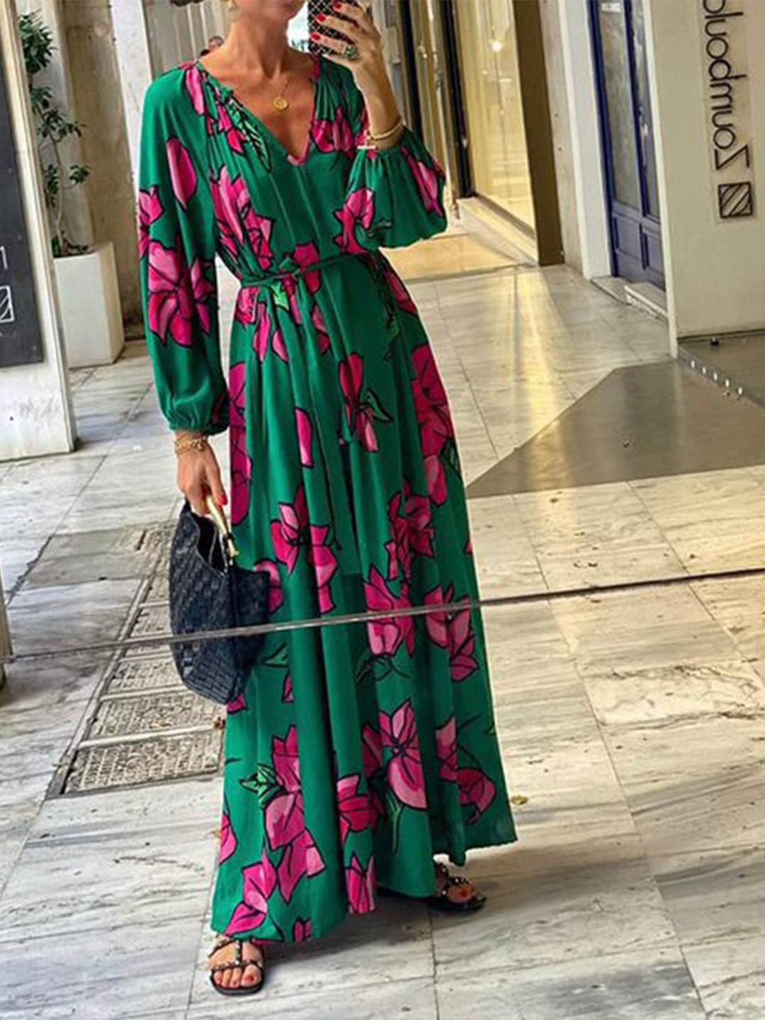 

StyleCast Green Floral Printed V-Neck Puff Sleeve Maxi Dress