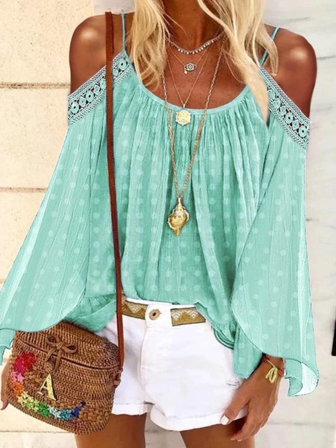 

StyleCast Green Polka Dots Printed Cold-Shoulder Sleeves Top