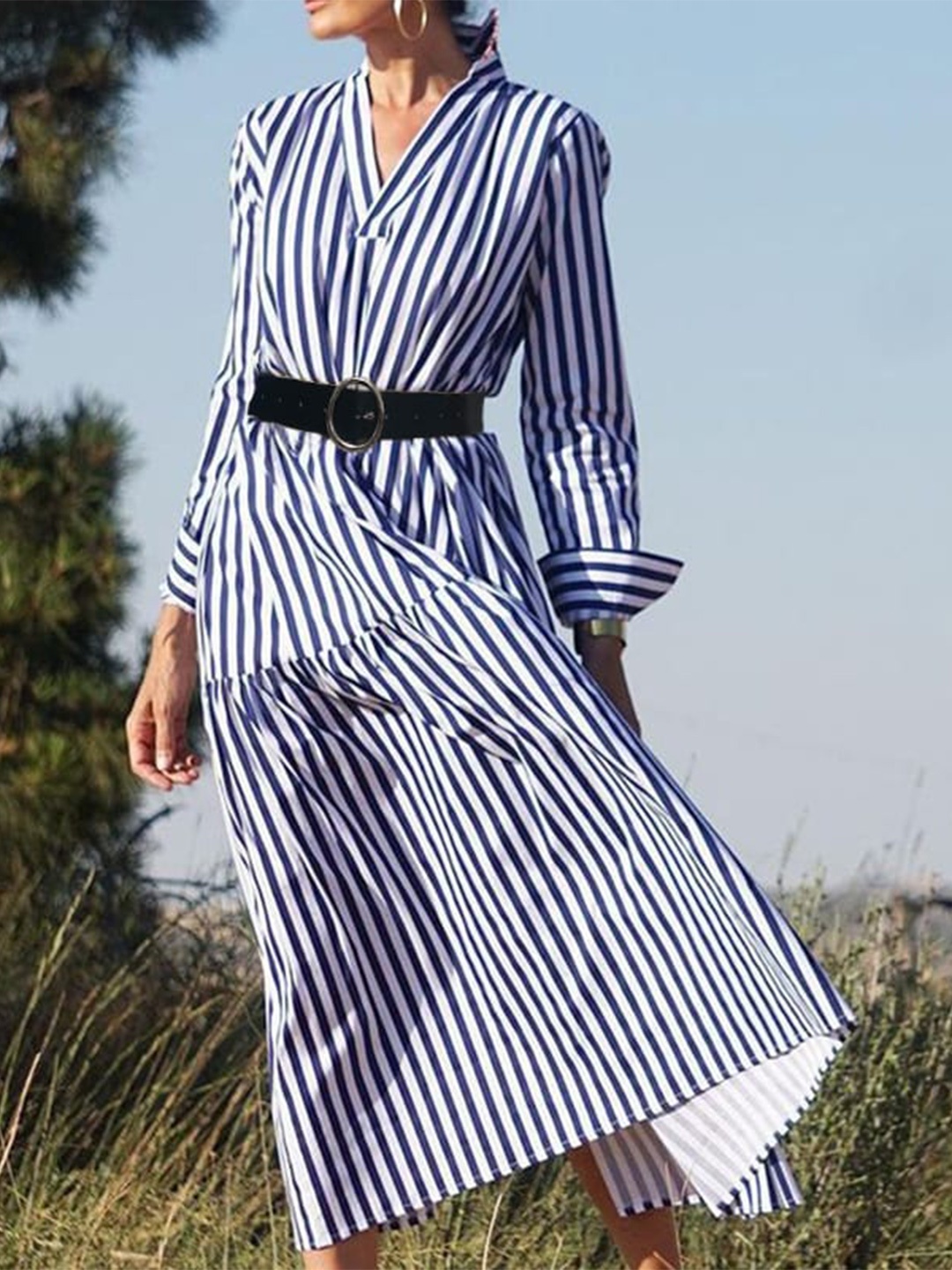 

StyleCast Blue Striped V-Neck Cuffed Sleeve Belted A-Line Dress, White