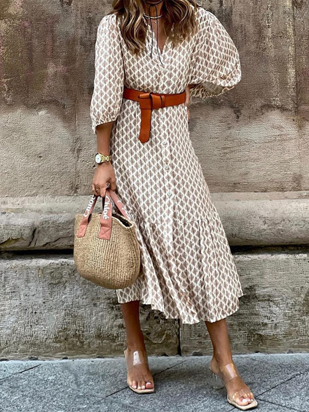 

StyleCast Brown Print Puff Sleeve Shirt Midi Dress