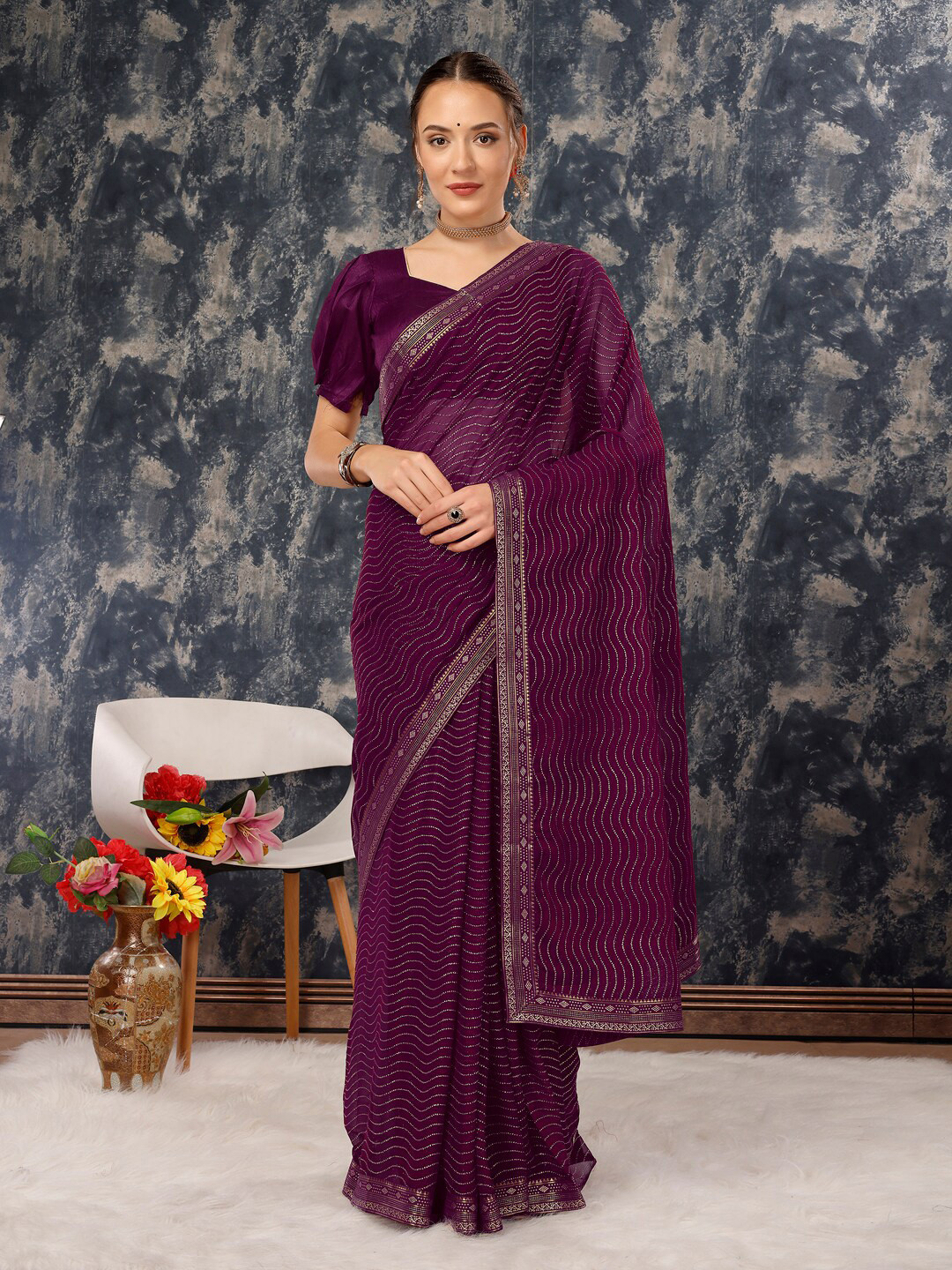 

KALINI Leheriya Printed Zari Pure Chiffon Saree, Purple