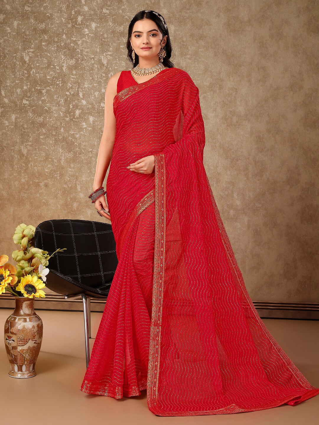 

KALINI Pure Chiffon Leheriya Saree, Red