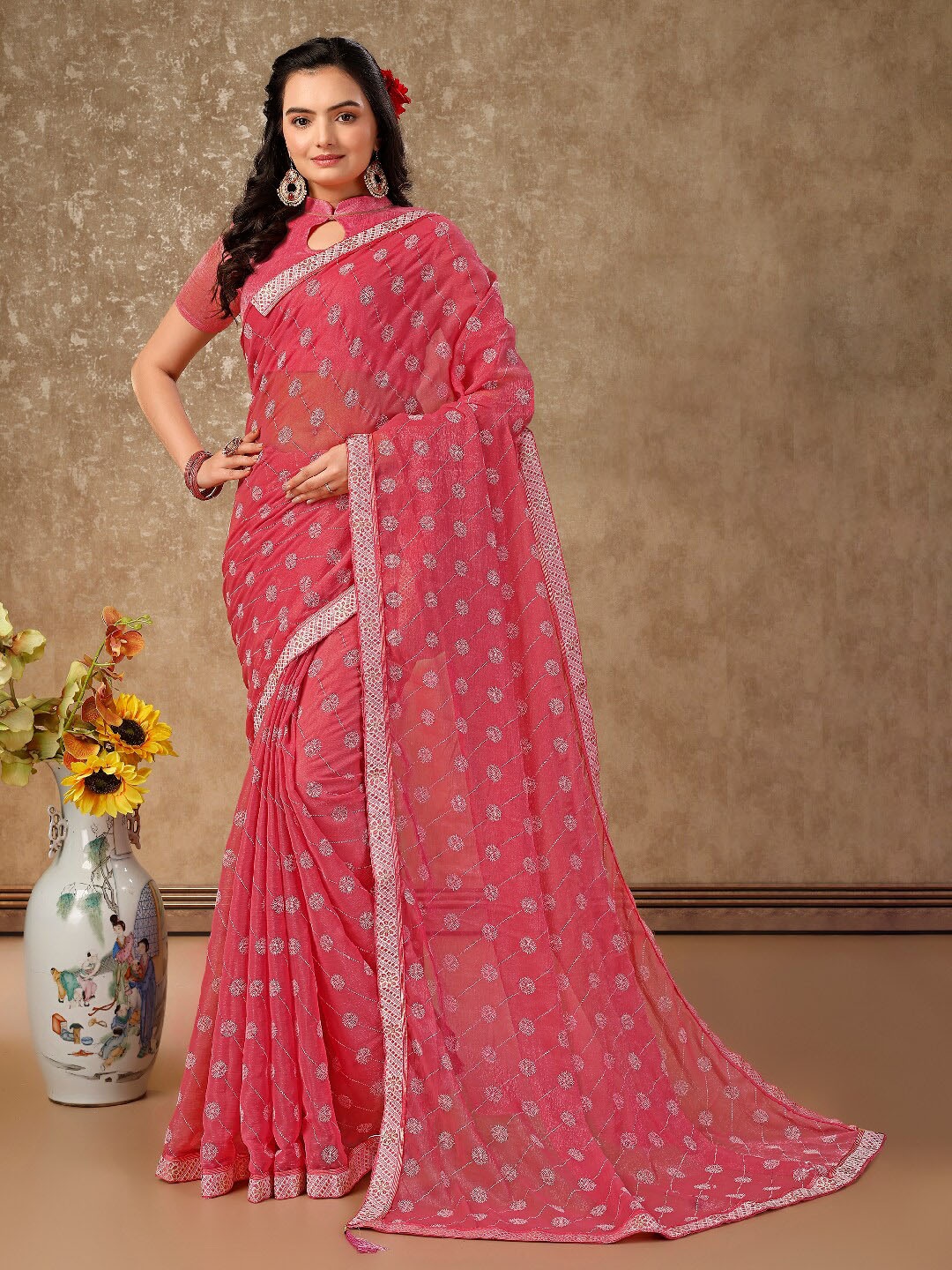 

HERE&NOW Floral Printed Pure Chiffon Saree, Pink