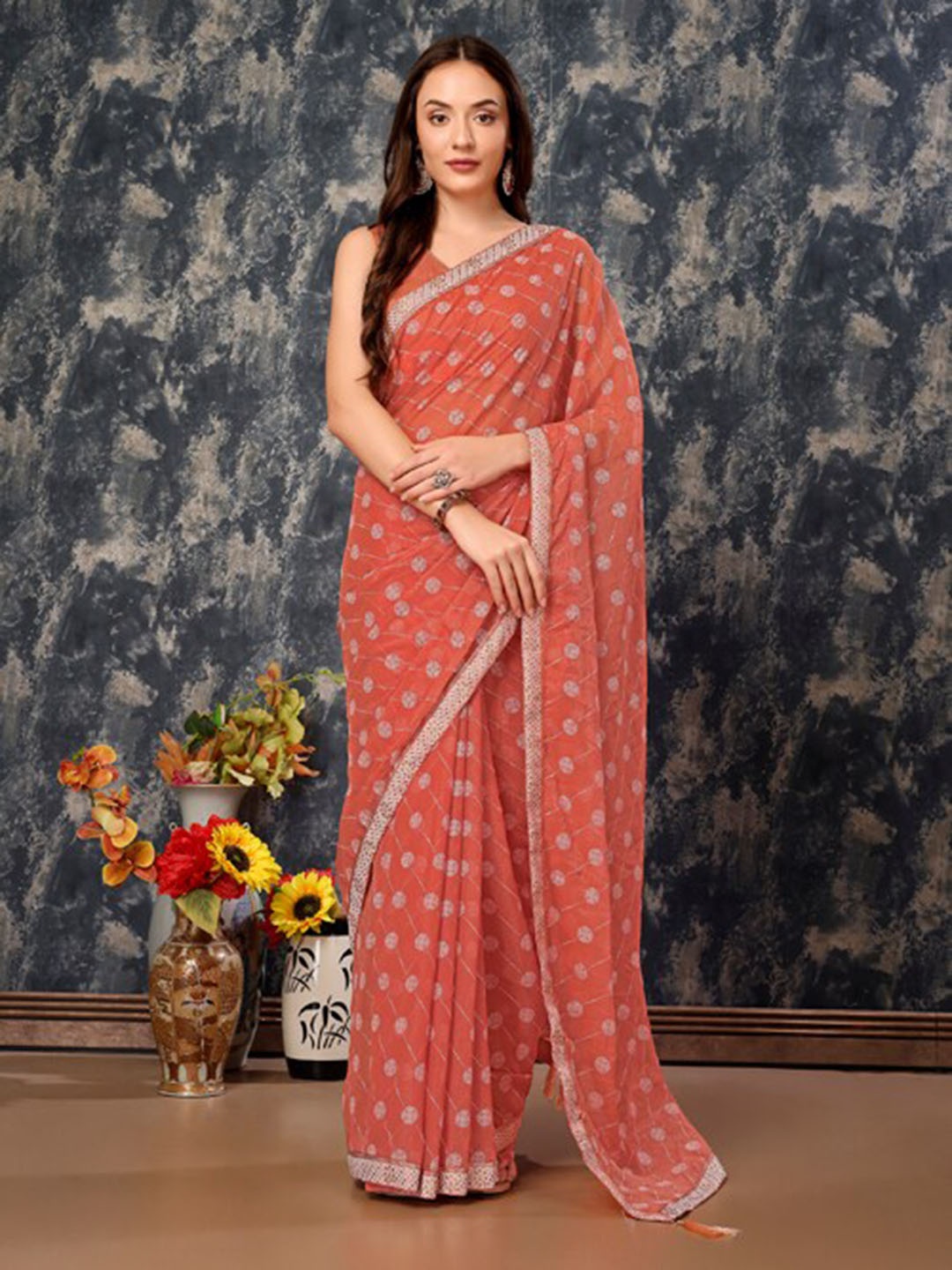 

HERE&NOW Floral Printed Pure Chiffon Saree, Peach