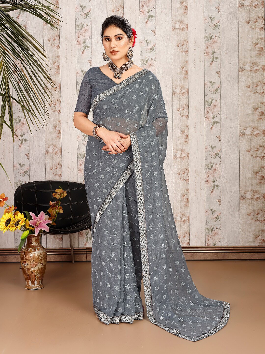

HERE&NOW Floral Printed Pure Chiffon Saree, Grey