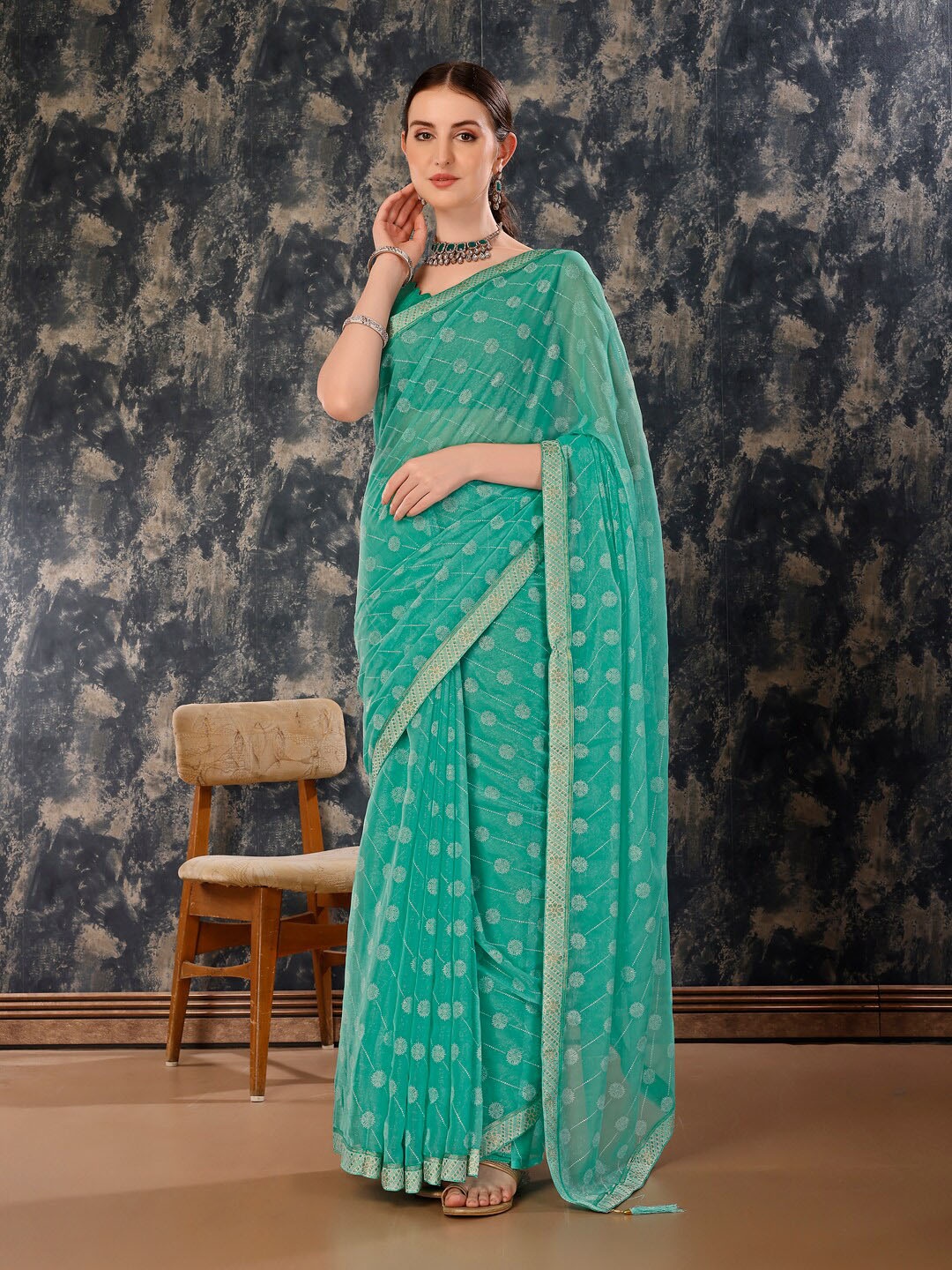 

HERE&NOW Floral Pure Chiffon Saree, Turquoise blue