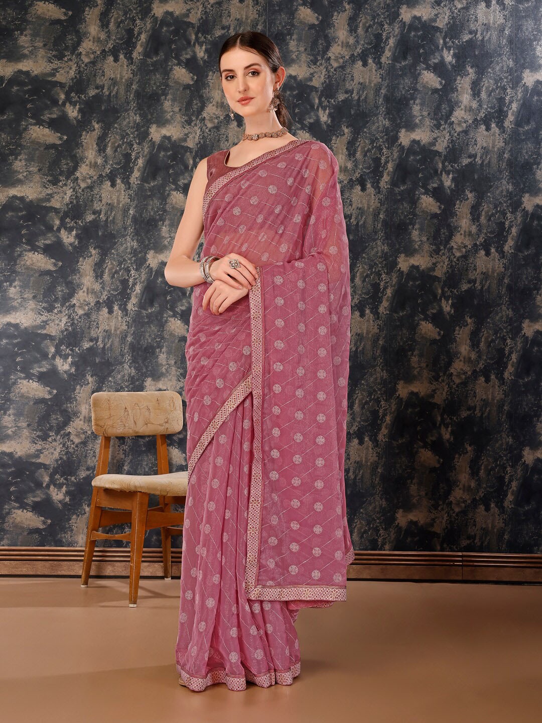 

HERE&NOW Ethnic Motifs Woven Design Pure Chiffon Saree, Purple