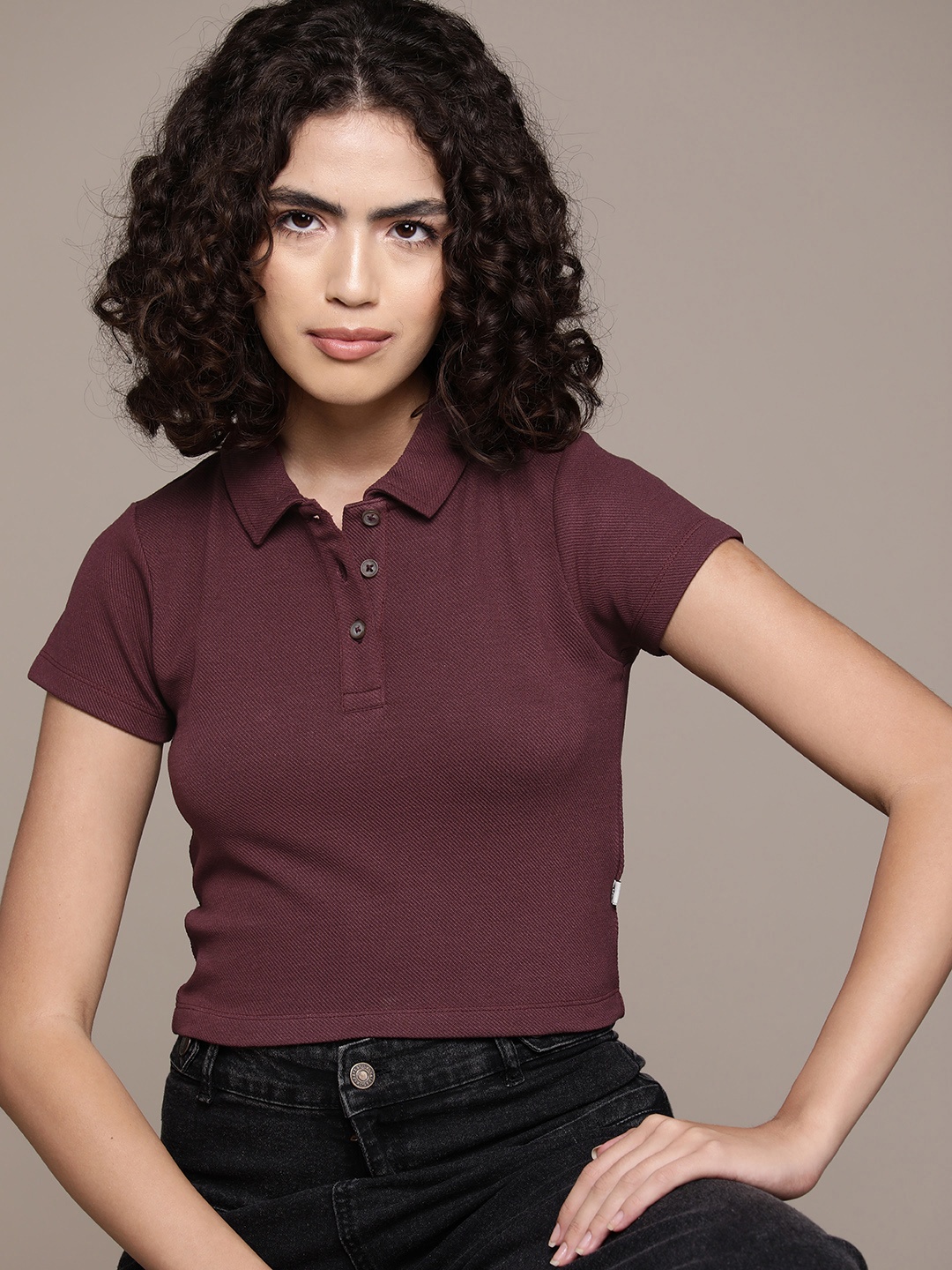 

Roadster Polo Collar Slim Fit Crop T-shirt, Burgundy