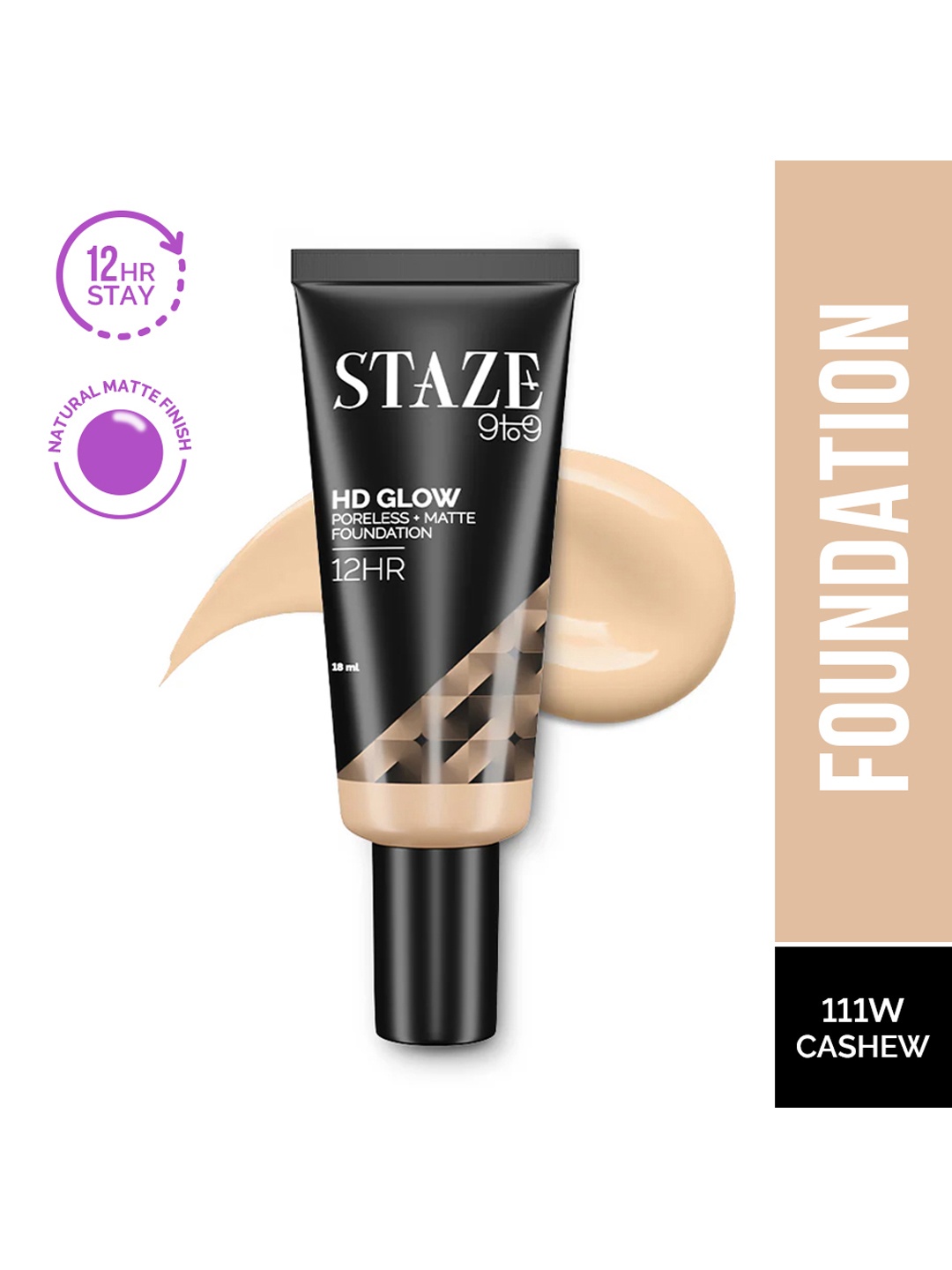 

STAZE 9to9 HD Glow Poreless + Matte Sweatproof Foundation 18 ml - Cashew 111W, Beige