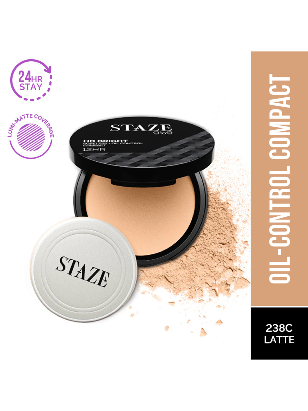 

STAZE 9to9 HD Bright Poreless + Oil Control Compact with Vitamin E 9 g - Latte 228C, Nude