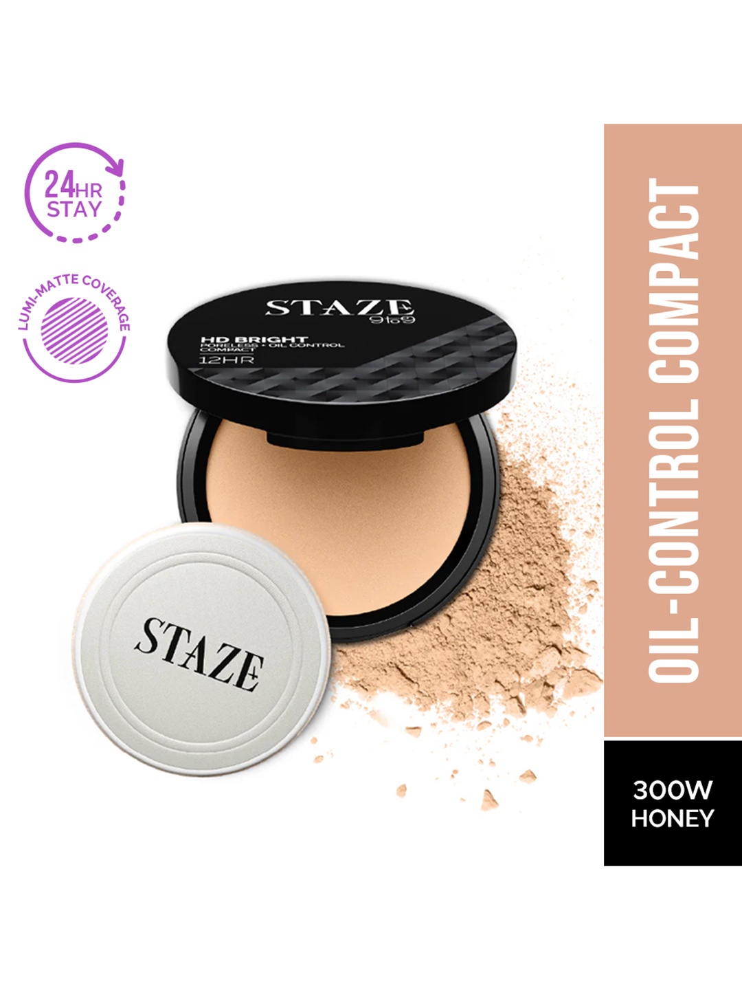 

STAZE 9to9 HD Bright Poreless + Oil Control Compact with Vitamin E 9 g - Honey 300W, Nude