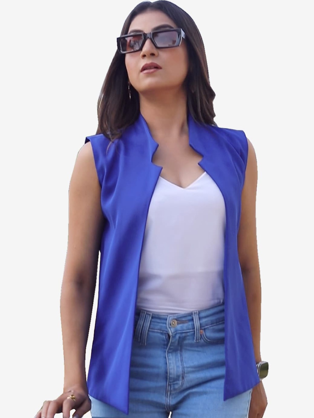 

NEOFAA Lightweight Collarless Sleeveless Tailored Jacket, Blue