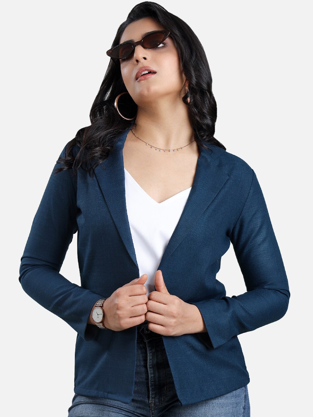 

NEOFAA Shawl Collar Long Sleeves Lightweight Open Front Jacket, Blue