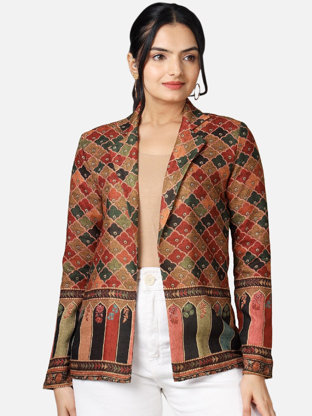 

NEOFAA Geometric Printed Shawl Collar Long Sleeves Lightweight Open Front Jacket, Brown