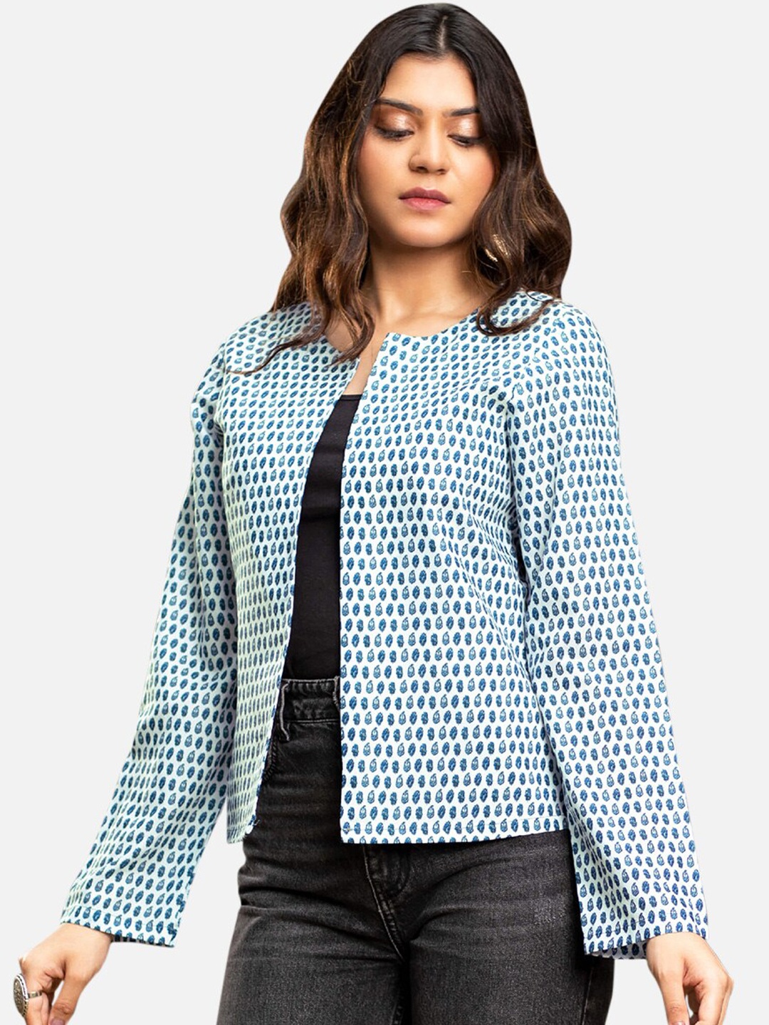 

NEOFAA Ethnic Motifs Long Sleeves Lightweight Open Front Jacket, Blue