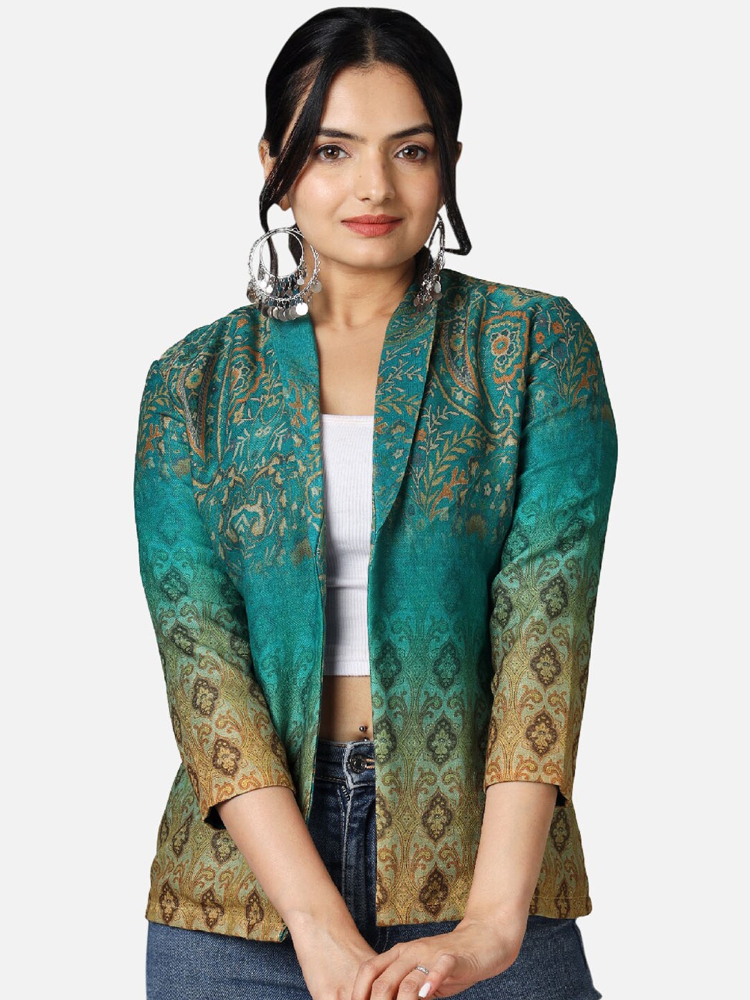 

NEOFAA Ethnic Printed Shawl Collar Lightweight Open Front Jacket, Blue