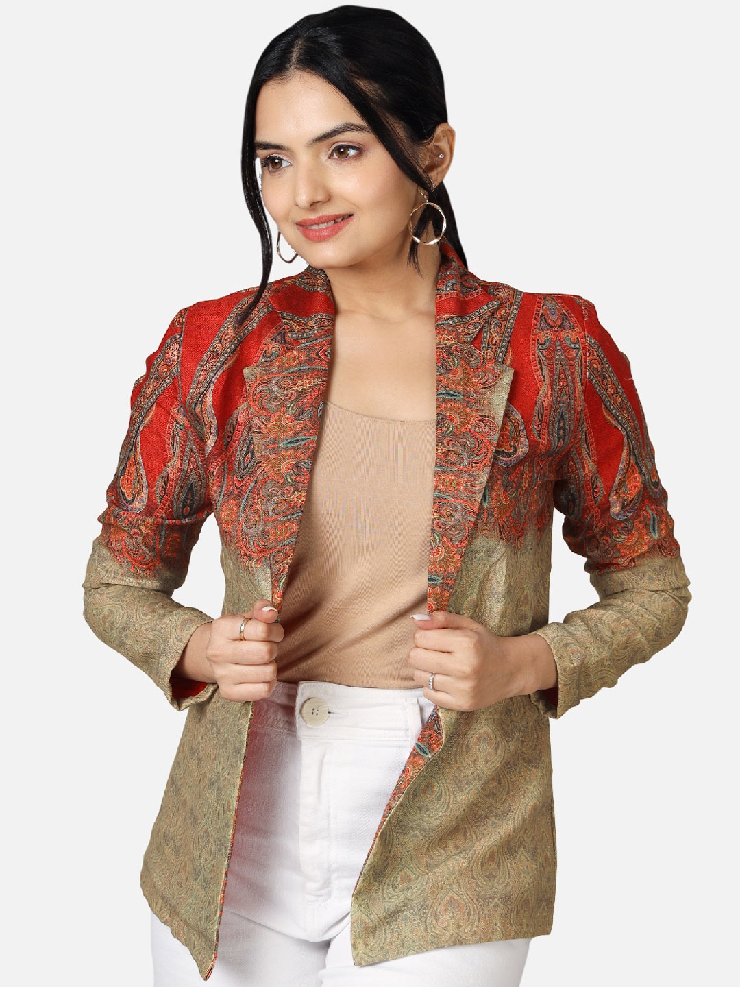 

NEOFAA Ethnic Printed Shawl Collar Long Sleeves Lightweight Open Front Jacket, Red