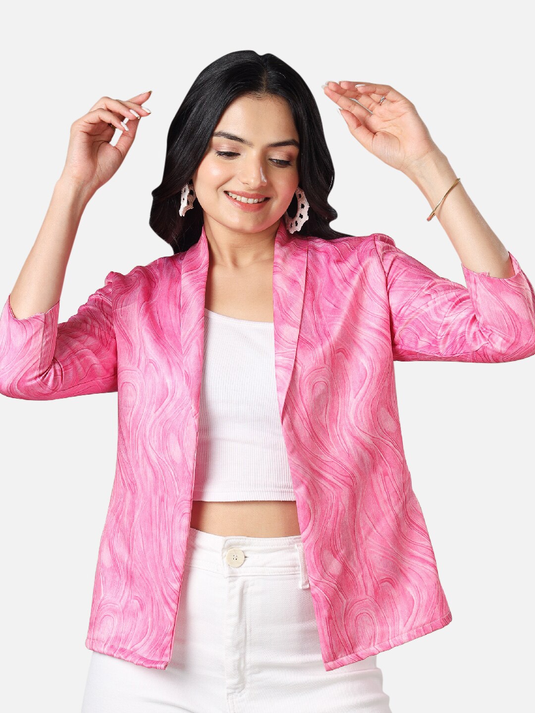 

NEOFAA Abstract Printed Shawl Collar Long Sleeves Lightweight Open Front Jacket, Pink