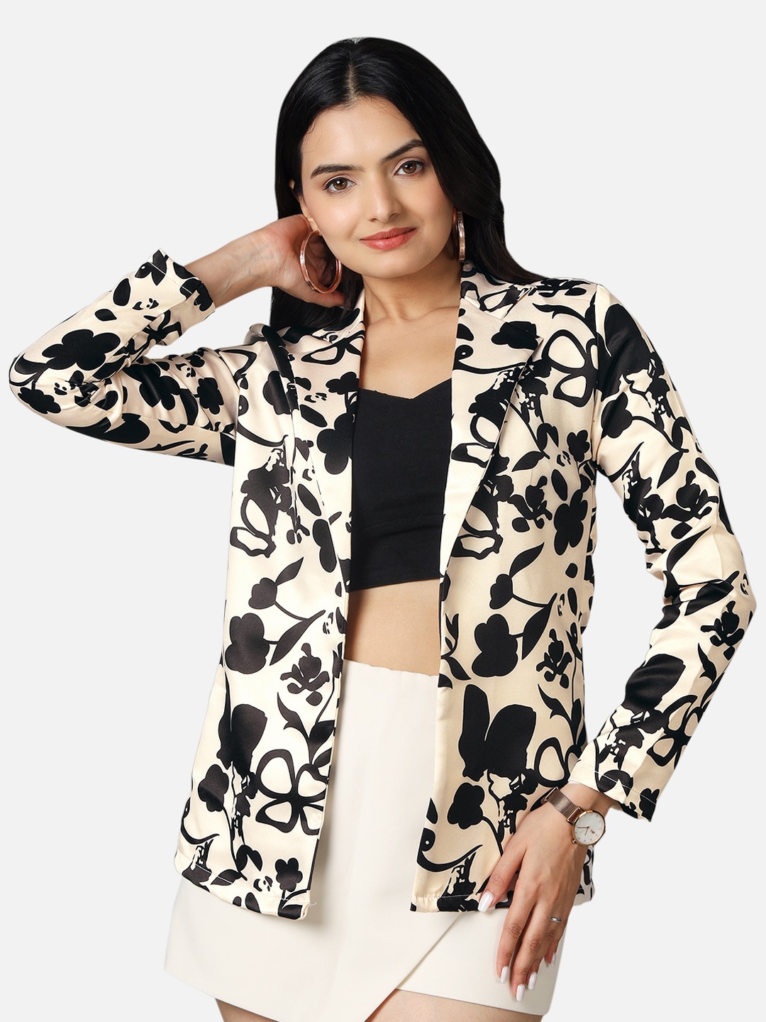 

NEOFAA Floral Printed Lapel Collar Lightweight Satin Tailored Jacket, Black