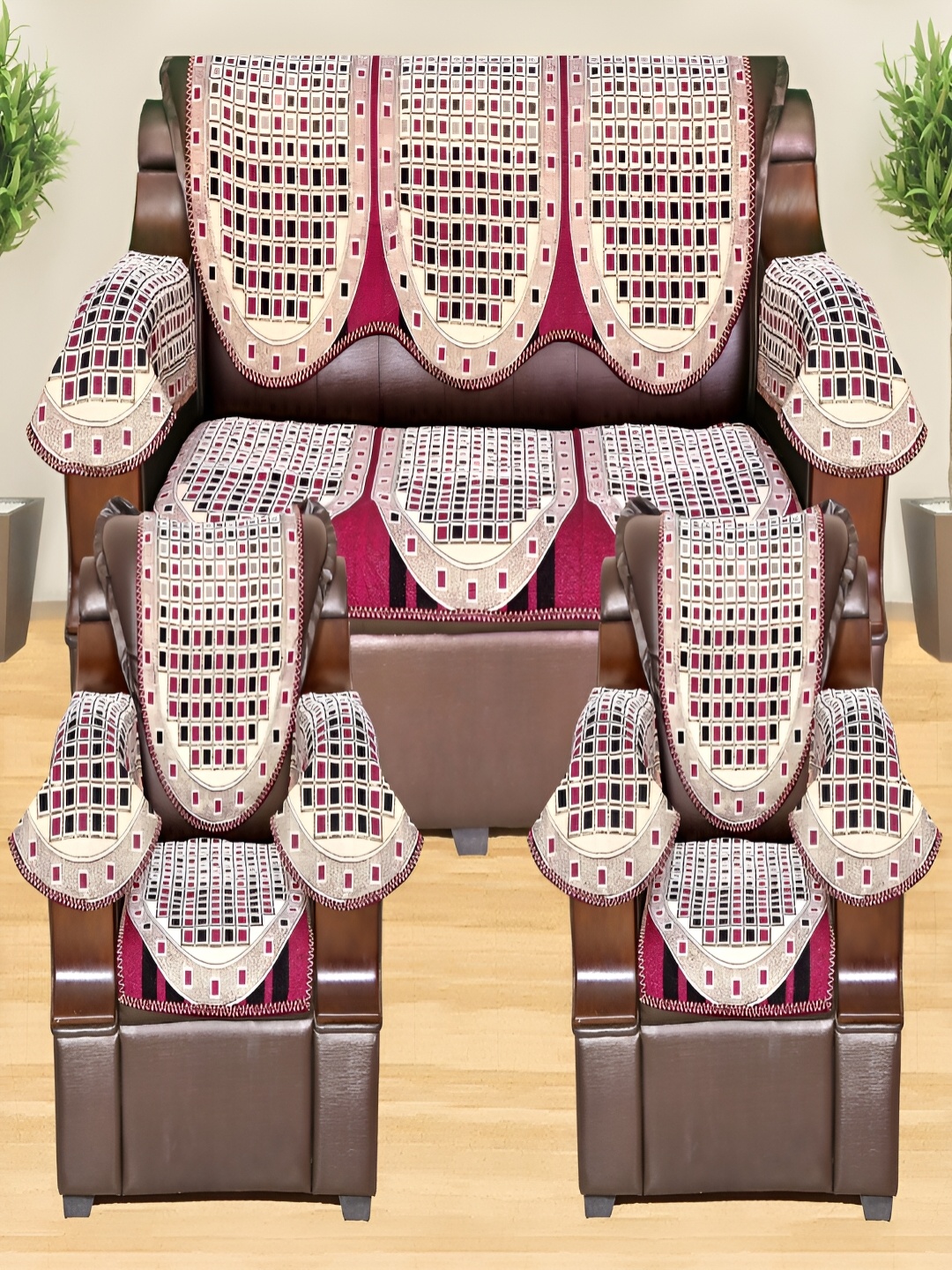 

AZOTICA Pink & White 12 Pcs Geometric Cotton 5 Seater Sofa Covers With Arms