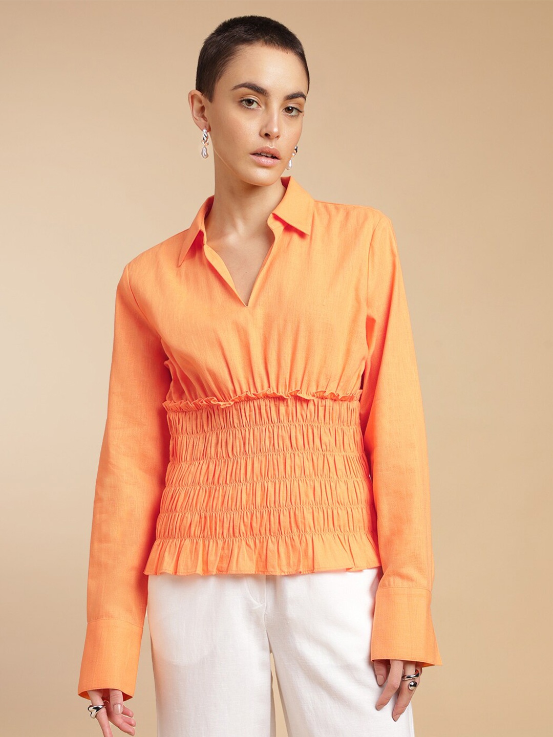 

H&M Linen Blend Smock Detail Top, Orange