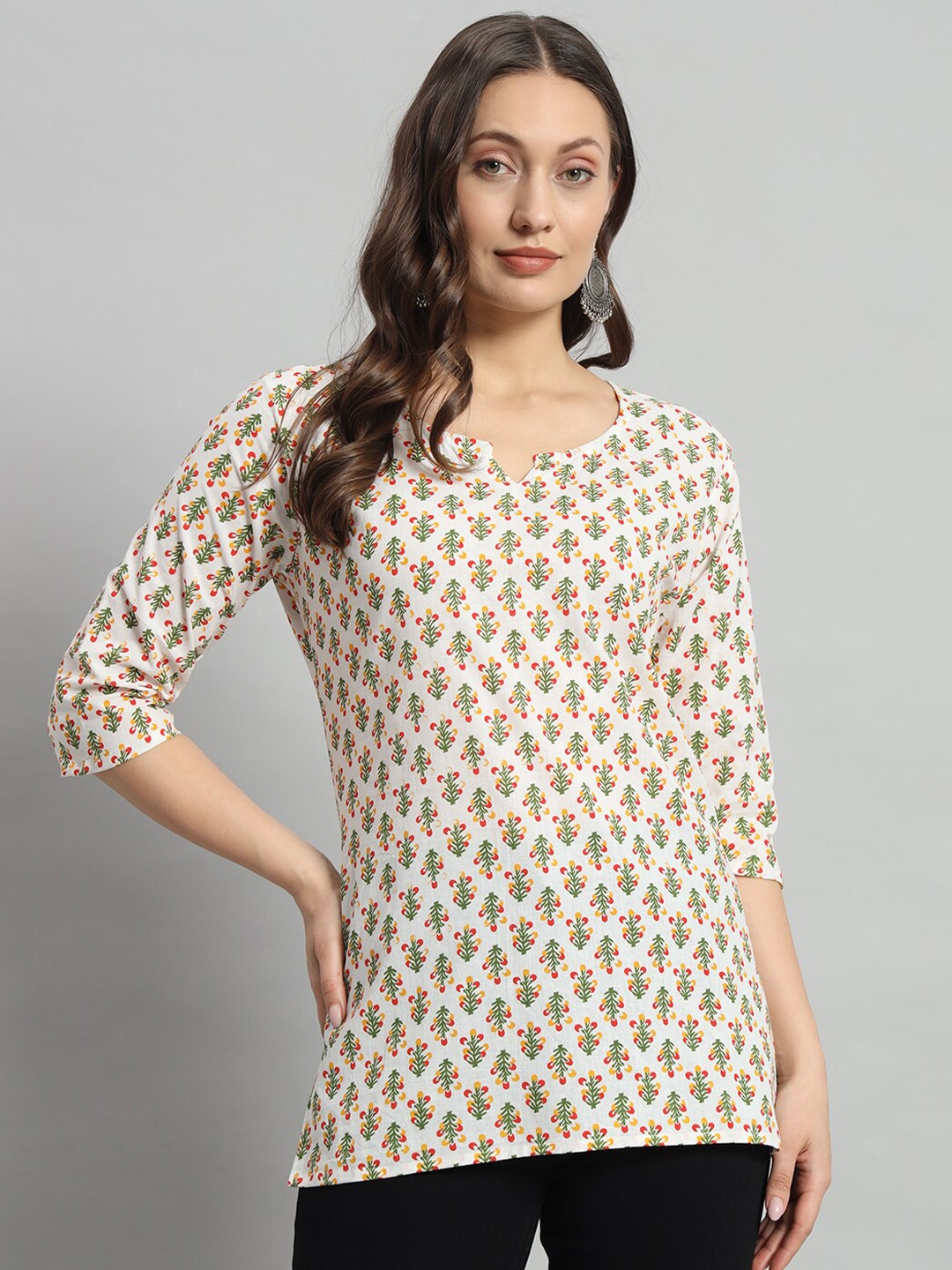 

Mialo fashion Floral Printed Pure Cotton Straight Kurti, Cream