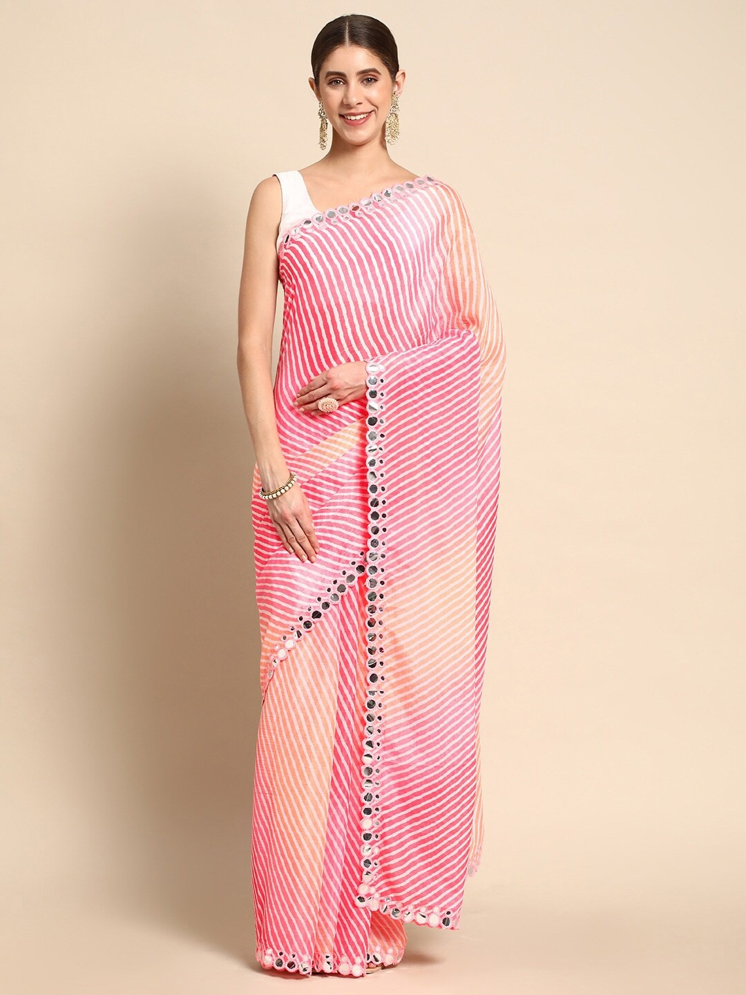 

ALAGINI Leheriya Mirror Work Pure Chiffon Leheriya Saree, Pink