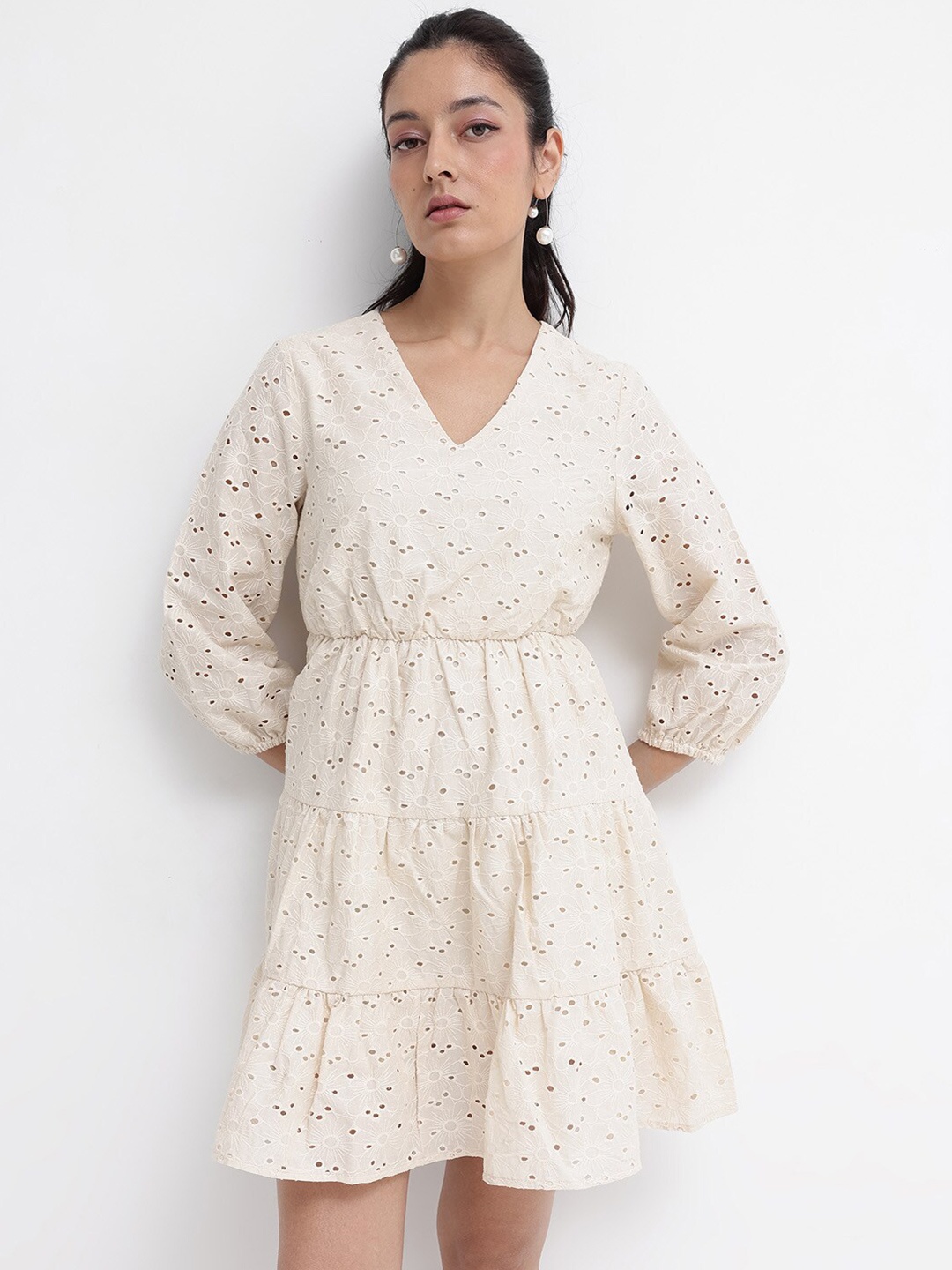 

RAREISM Off White Floral Self Design Puff Sleeve Cotton Fit & Flare Schiffli Dress