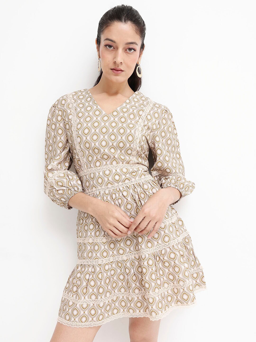 

RAREISM Beige Ethnic Motifs Print Puff Sleeve Cotton Tiered Fit & Flare Mini Dress