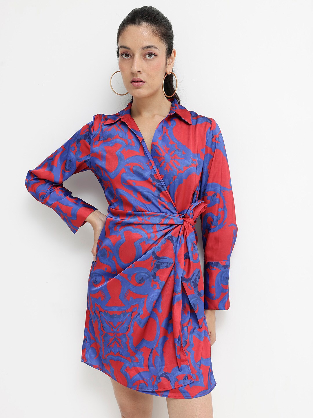 

RAREISM Abstract Printed Shirt Collar Cotton Wrap Dress, Red