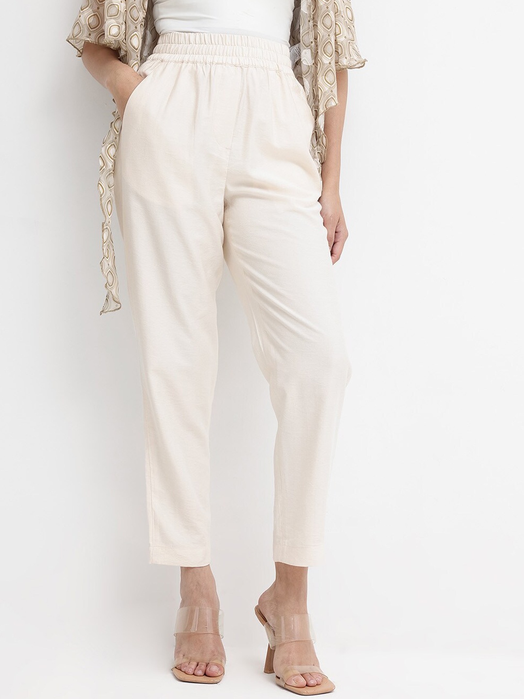 

RAREISM Women Tailored Tapered Fit High-Rise Regular Trousers, Beige