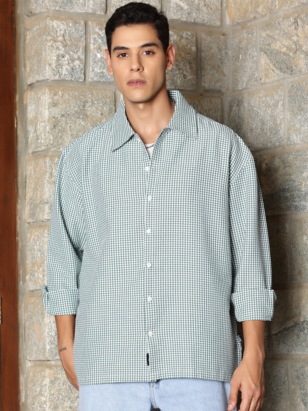 

The Roadster Lifestyle Co. Green Gingham Checked Oversized Fit Shirt