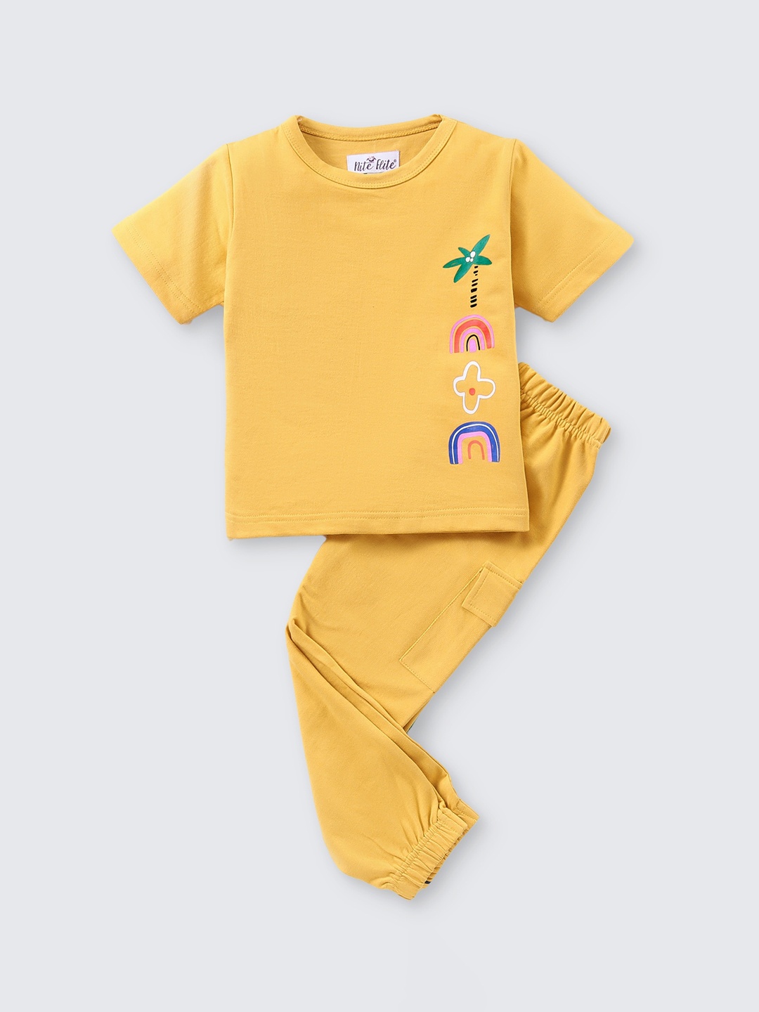 

Nite Flite Girls Printed Printed Pure Cotton T-shirt With Pyjamas, Mustard