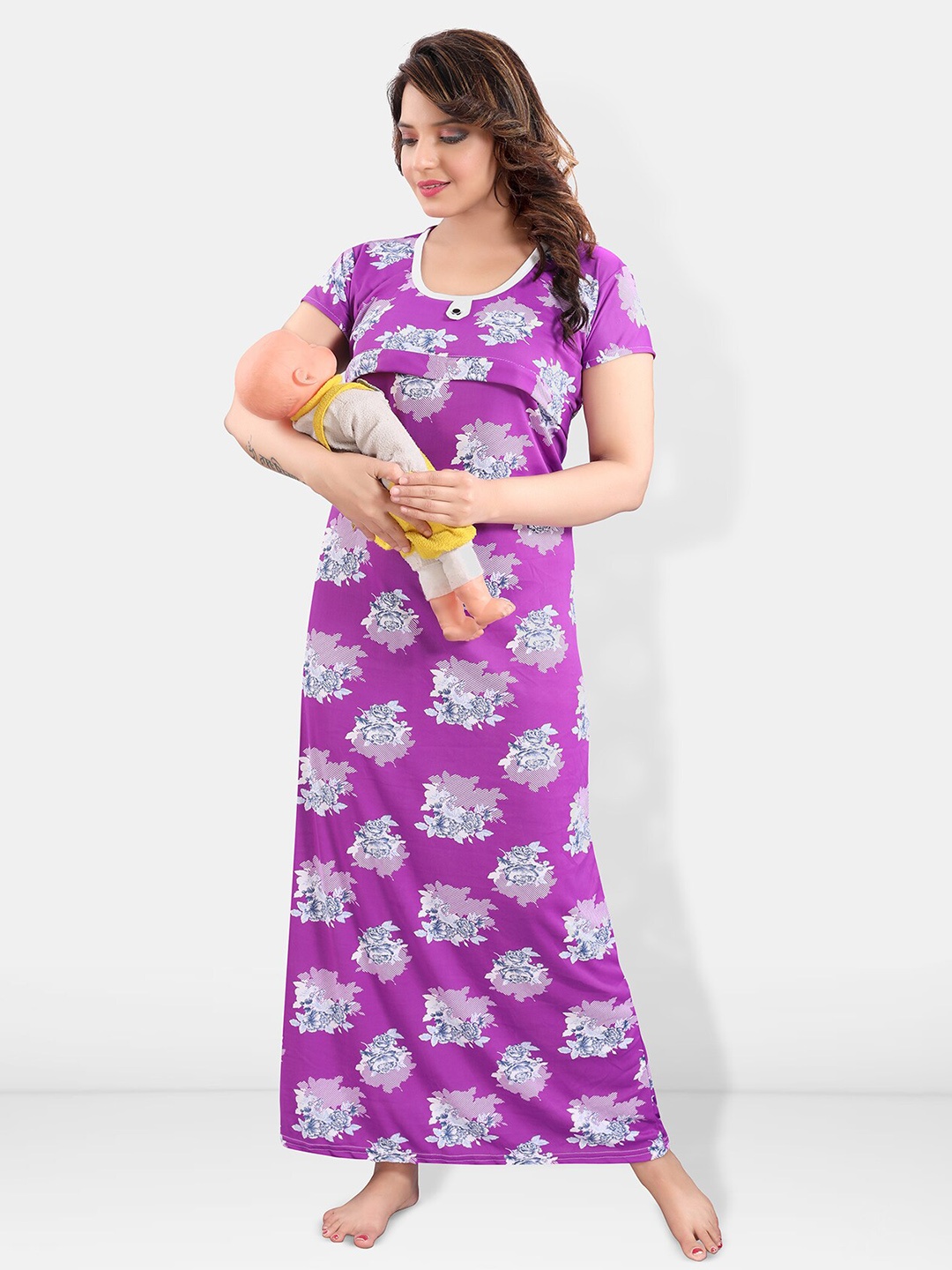 

Be You Floral Printed Satin Maternity Maxi Sweat Nightdress, Purple