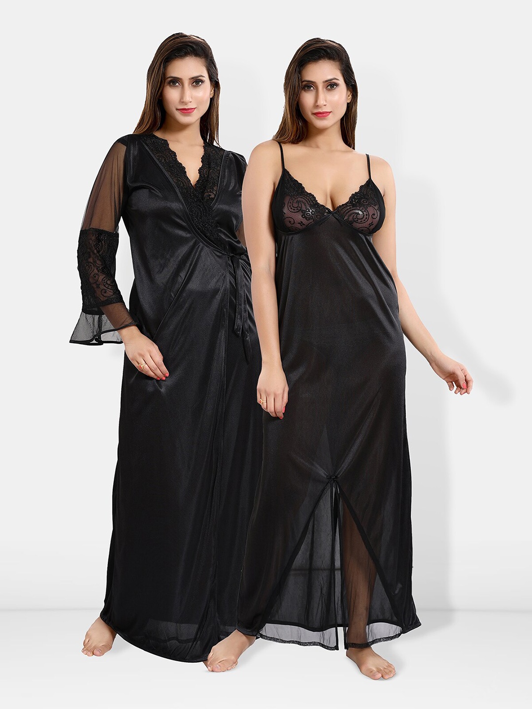 

Be You V-Neck Maxi Satin Wrap Nightdress With Robe, Black