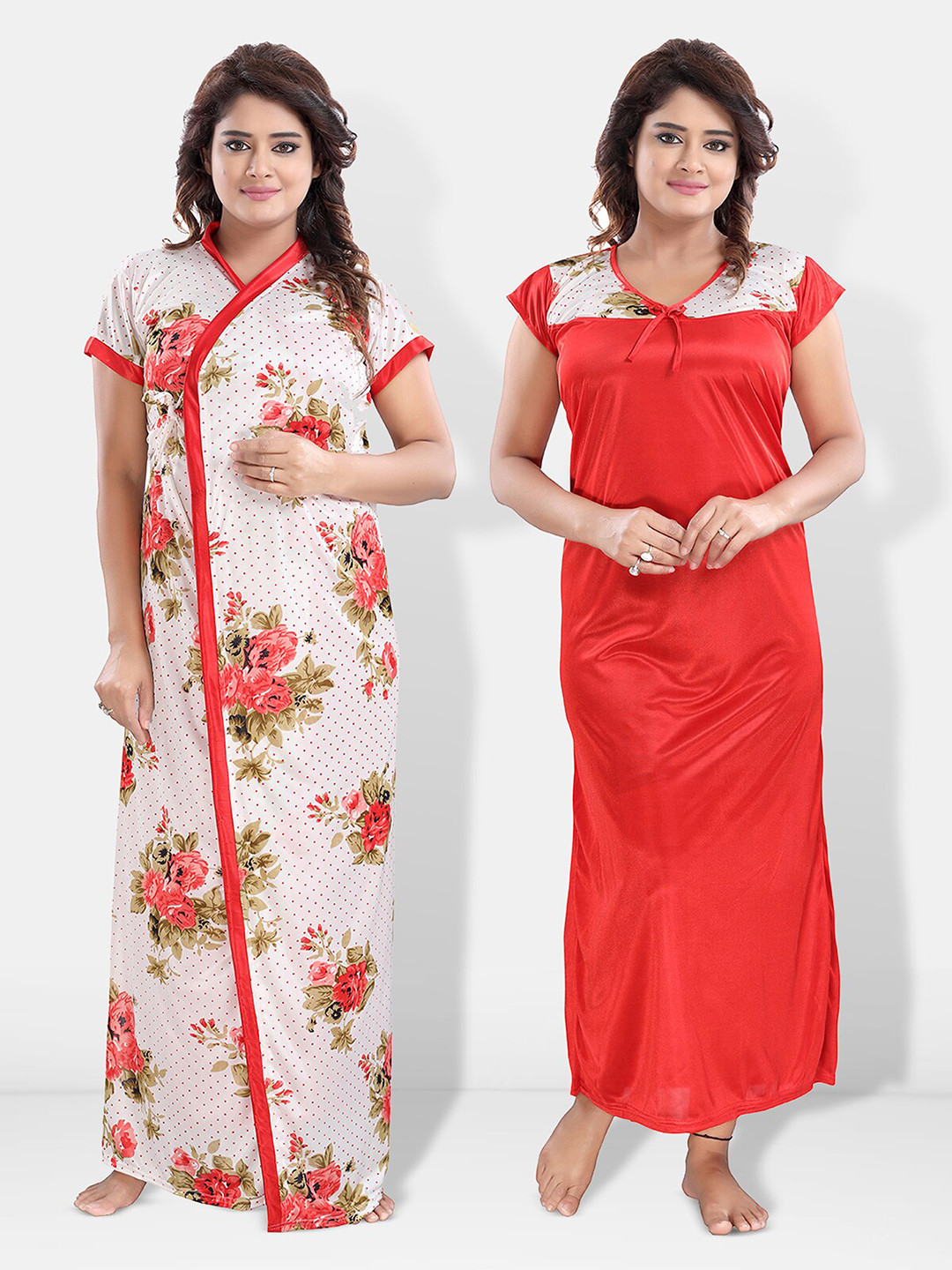 

Be You Floral Printed Satin Maxi Nightdress with Robe, Red