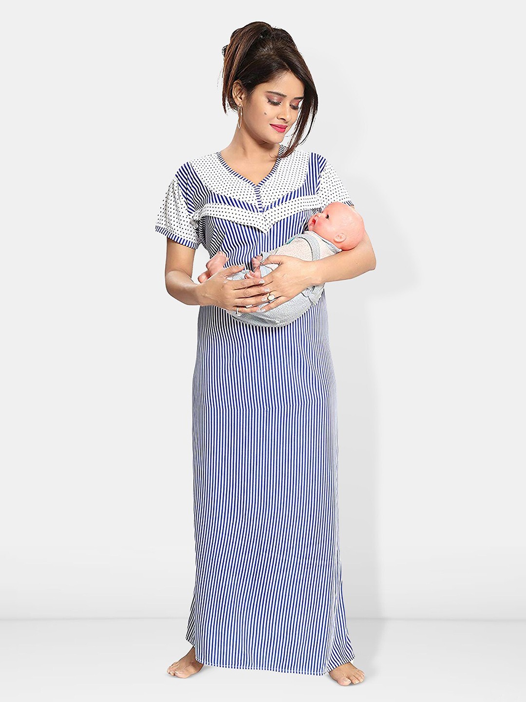 

Be You Striped Round Neck Satin Maternity Maxi Nightdress, Blue