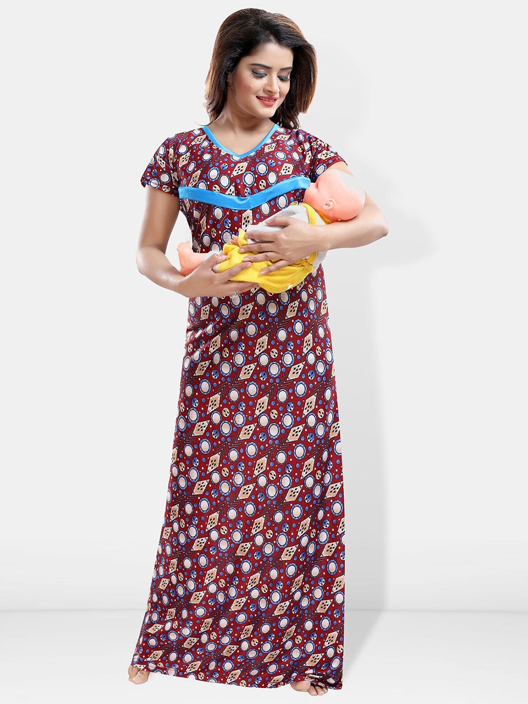 

Be You Floral Printed Maxi Satin Maternity Nightdress, Maroon