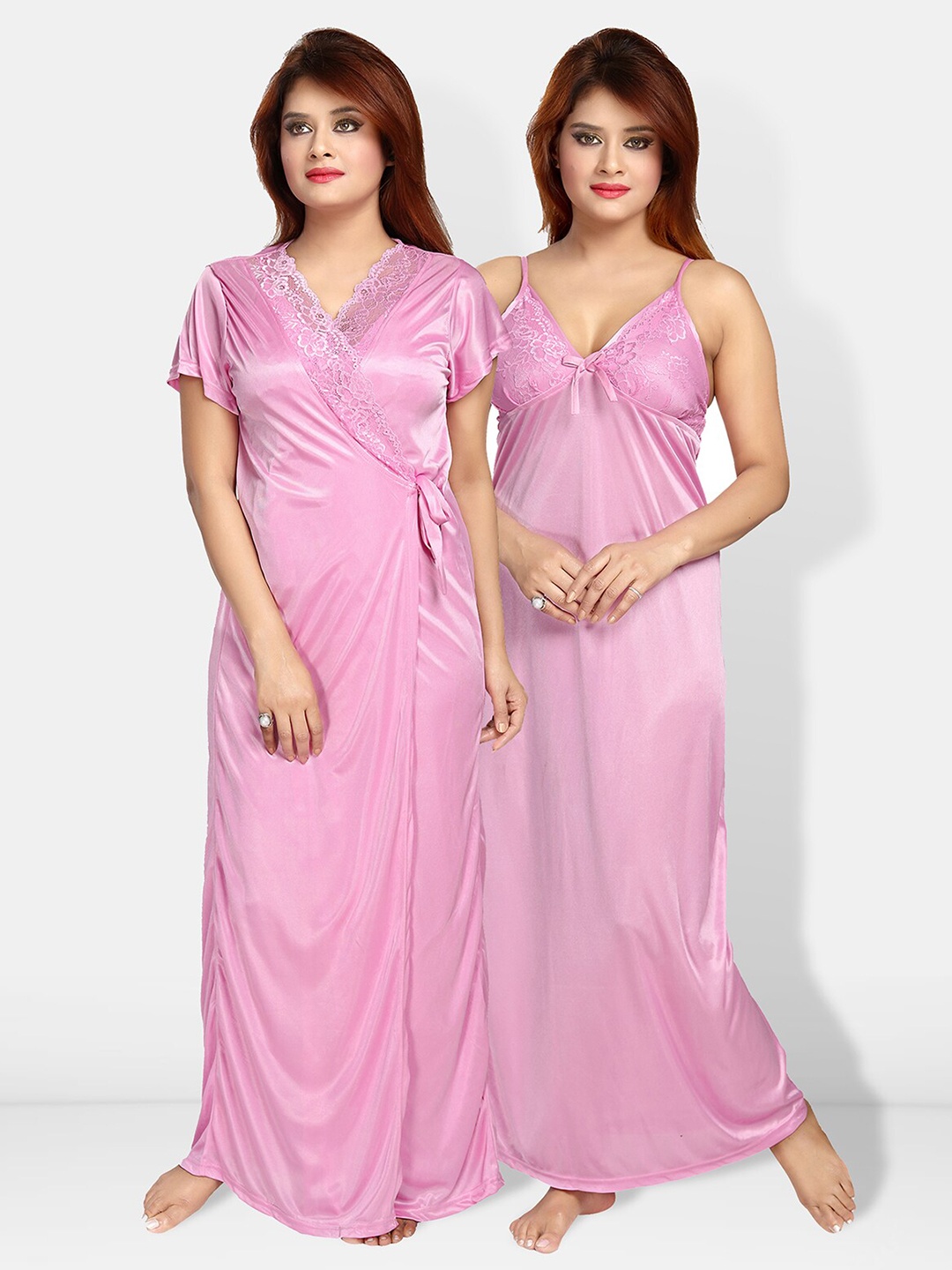 

Be You Shoulder Straps Satin Maxi Nightdress With Robe, Pink