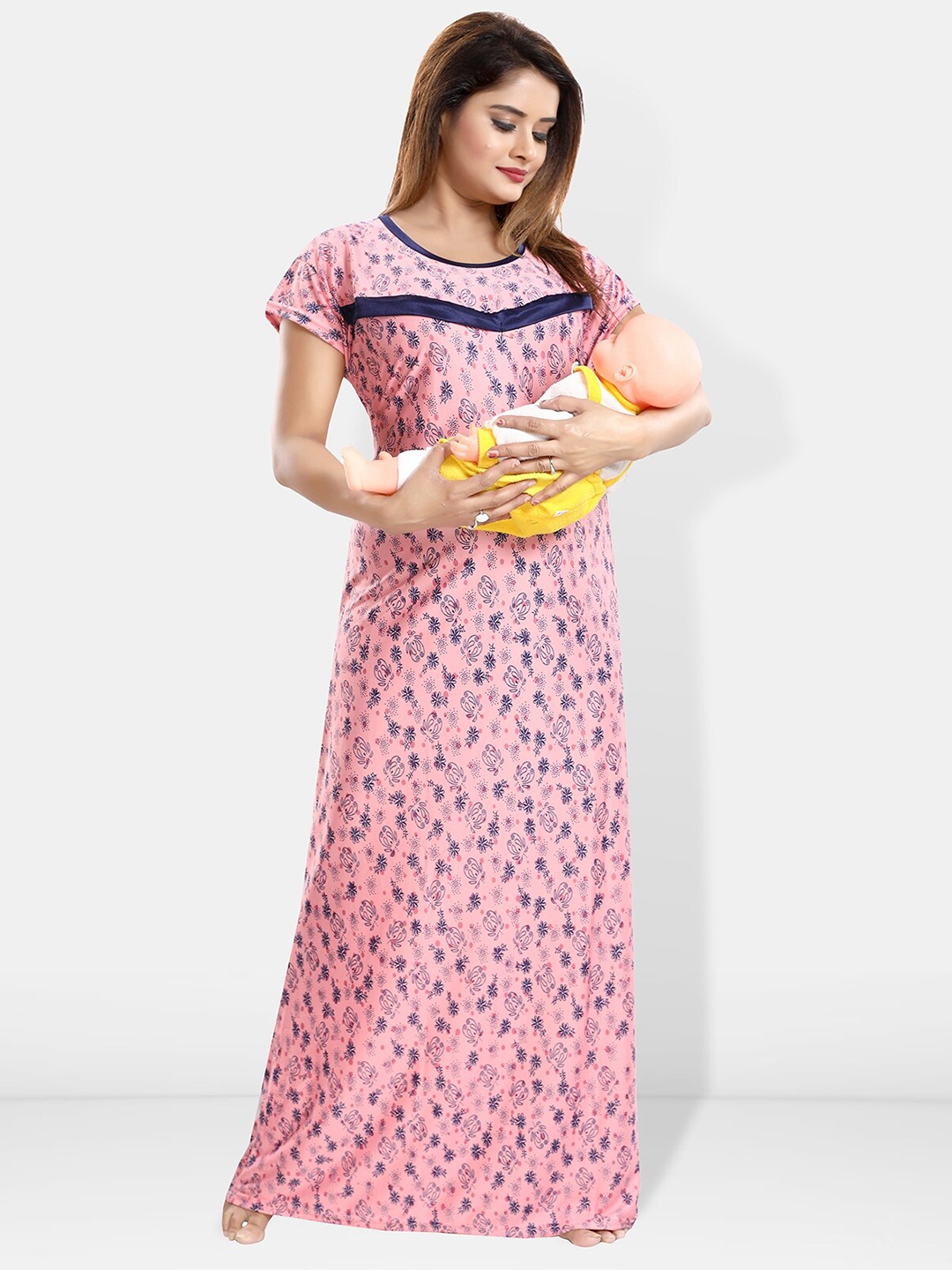 

Be You Floral Printed Round Neck Satin Maternity Maxi Nightdress, Pink