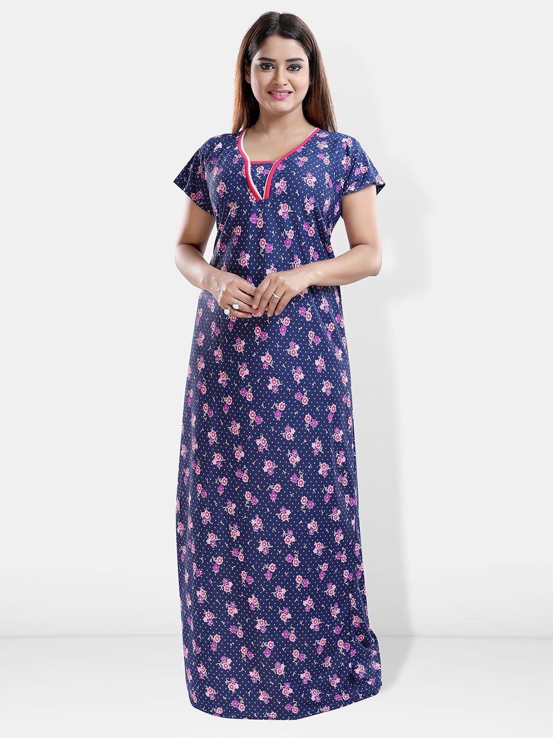 

Be You Floral Printed Satin Maxi Nightdress, Navy blue