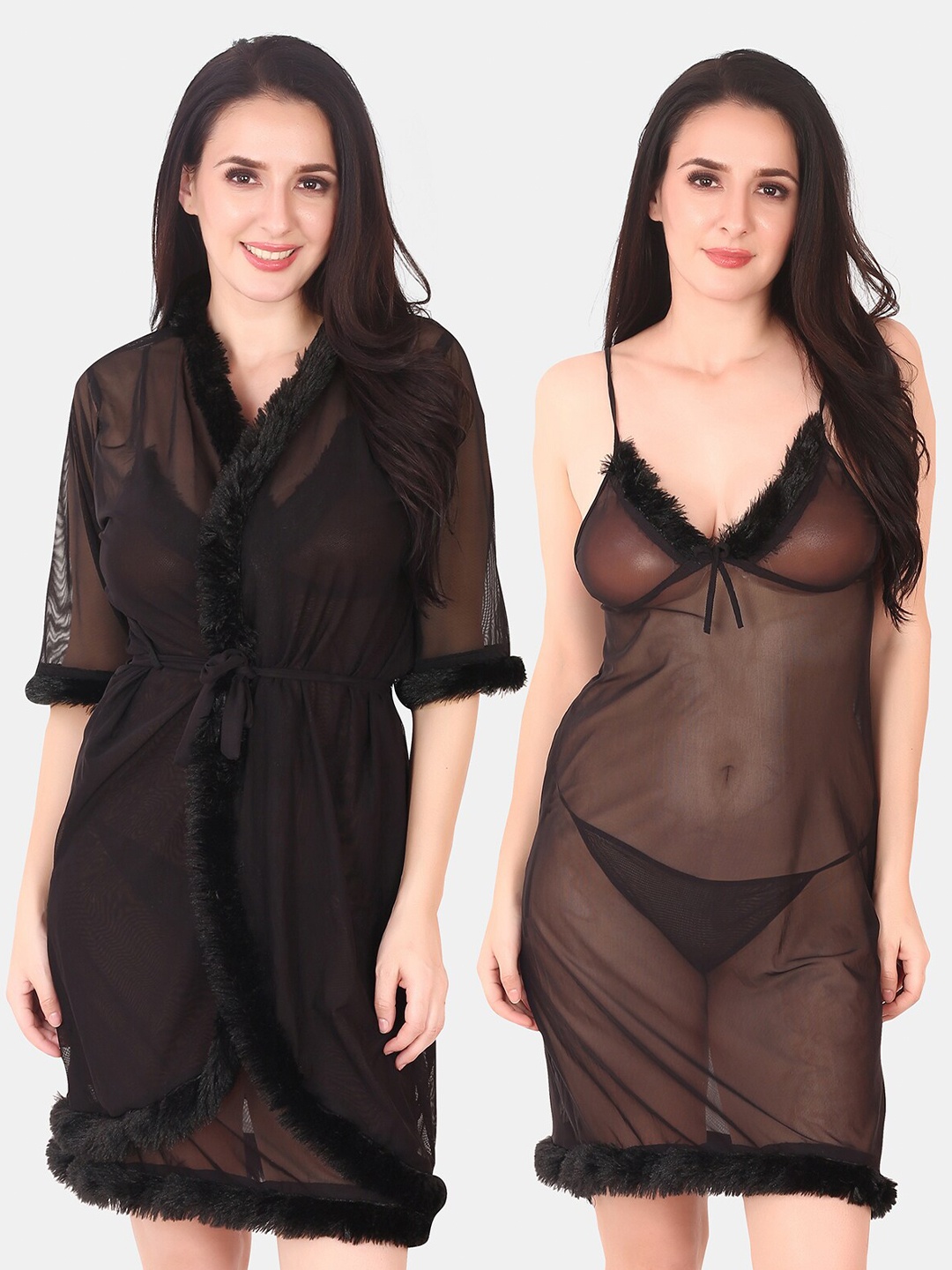 

Be You Shoulder Straps Net Nightdress With Robe, Black